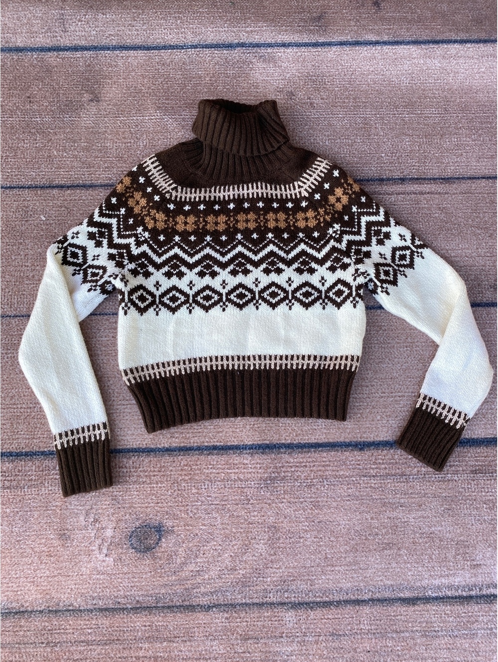 Y2K Fair isle American Eagle earth tone chunky knit cropped turtleneck sweater S